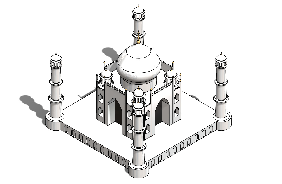 Isometric render of the Taj Mahal CAD model with minarets and surrounding wall