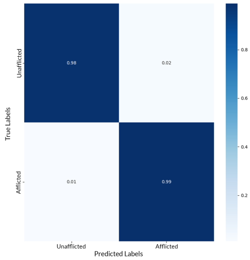 Confusion matrix for healthy versus afflicted classification
