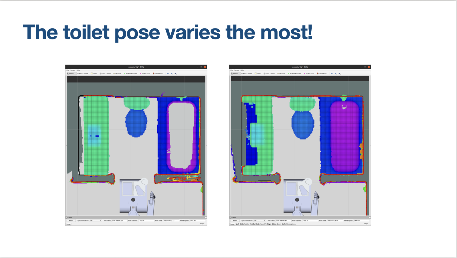 Top-down bathroom maps showing toilet pose variation between rooms