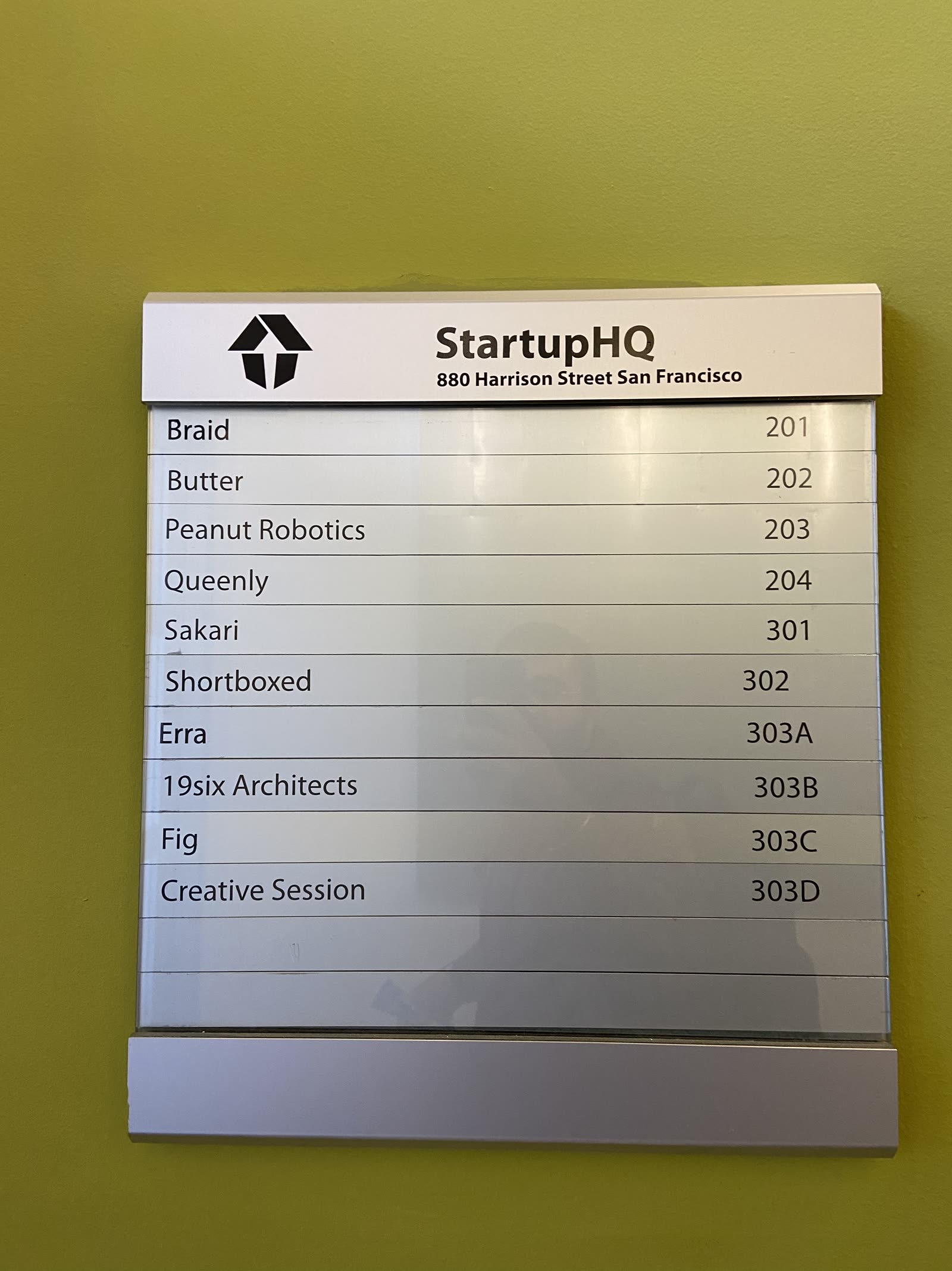 StartupHQ building directory, 880 Harrison Street, Peanut Robotics listed